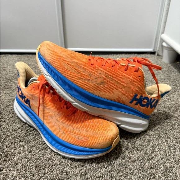 Hoka Clifton 9 Dynamic Orange and Blue Sneakers - Picture 2 of 8